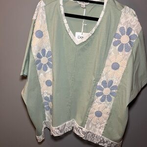 DAVI & DANI Sage Green V-Neck Tunic with Blue and Cream Floral Lace